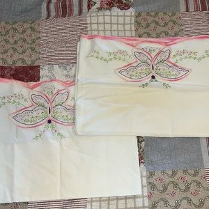 Pair Standard embroidered butterfly pillow cases Vintage